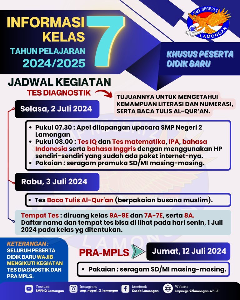 Undangan Peserta Didik Baru Kelas VII TP. 2024/2025 untuk mengikuti kegiatan Tes Diagnostik dan Pra-MPLS
